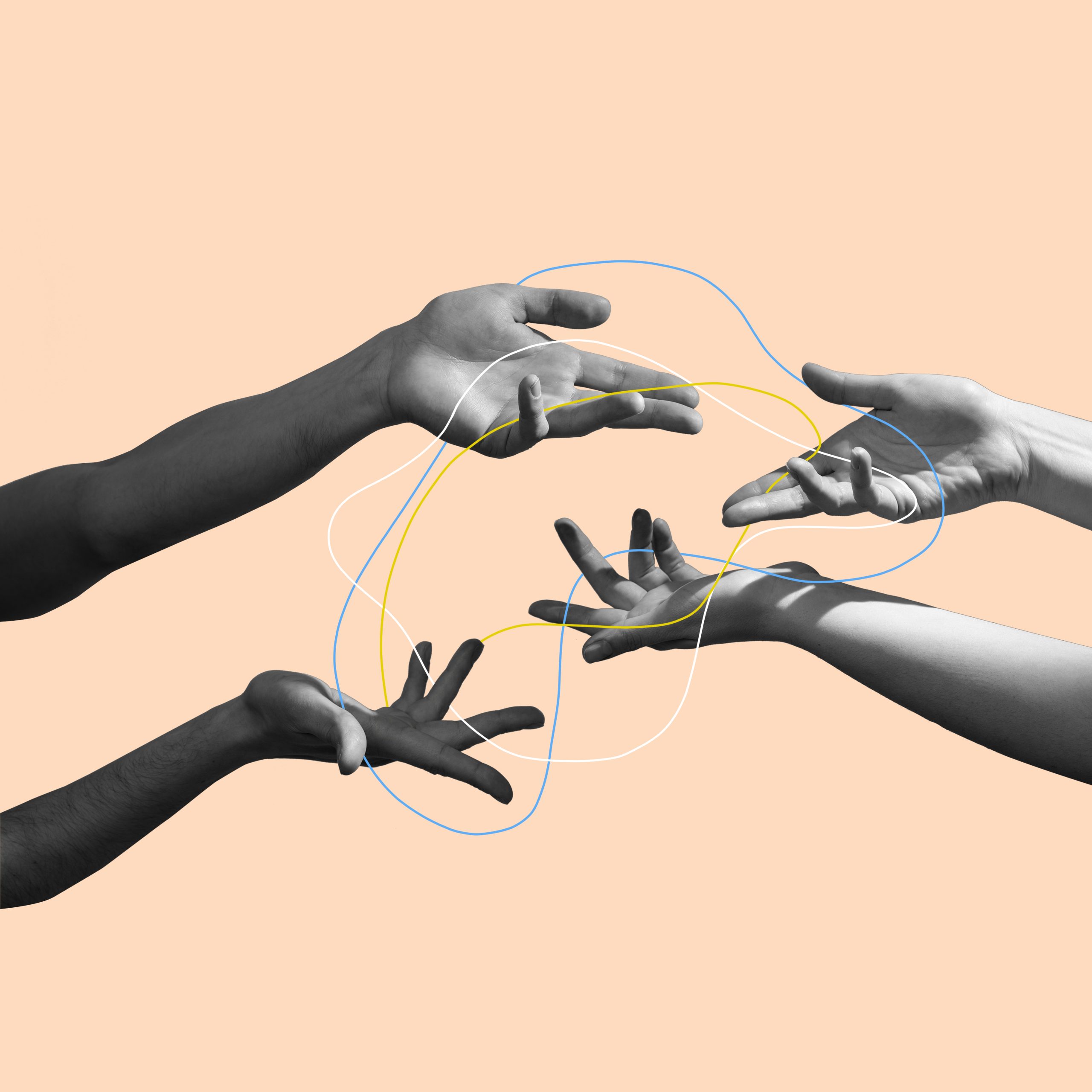 Difficulties. Hands aesthetic on bright background, artwork. Concept of human relation, community, togetherness, symbolism, surrealism. Light and weightless touching unrecognizable